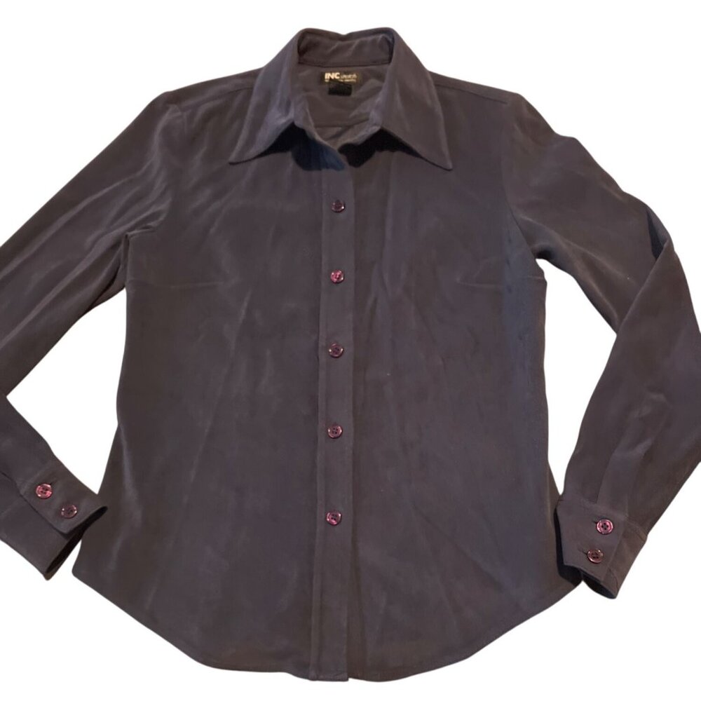 INC Stretch Navy Button-Up‎ Shirt Size 2 Soft Suede Feel Womens